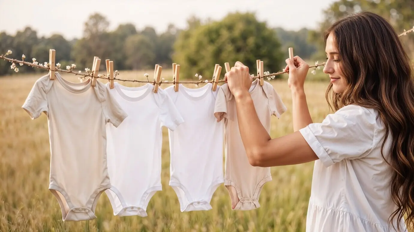 Mama hängt Babykleidung auf.